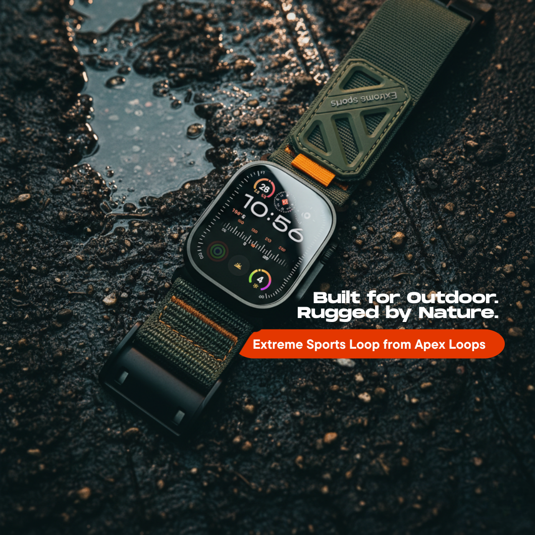 Rugged Apple Watch Ultra band with green tactical strap in extreme outdoor setting