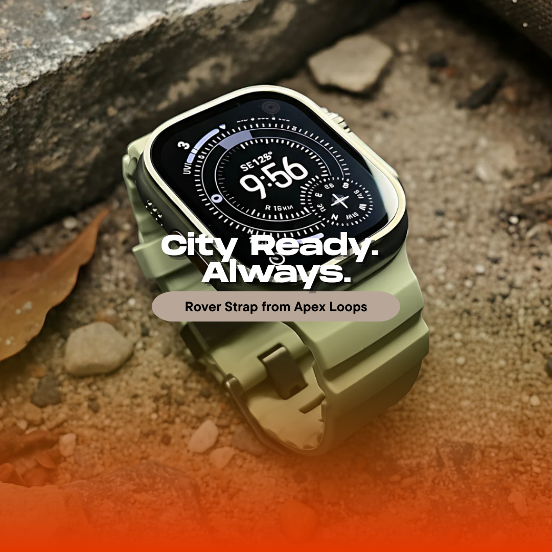 Rugged green Apple Watch Ultra band designed for outdoor adventure and hiking