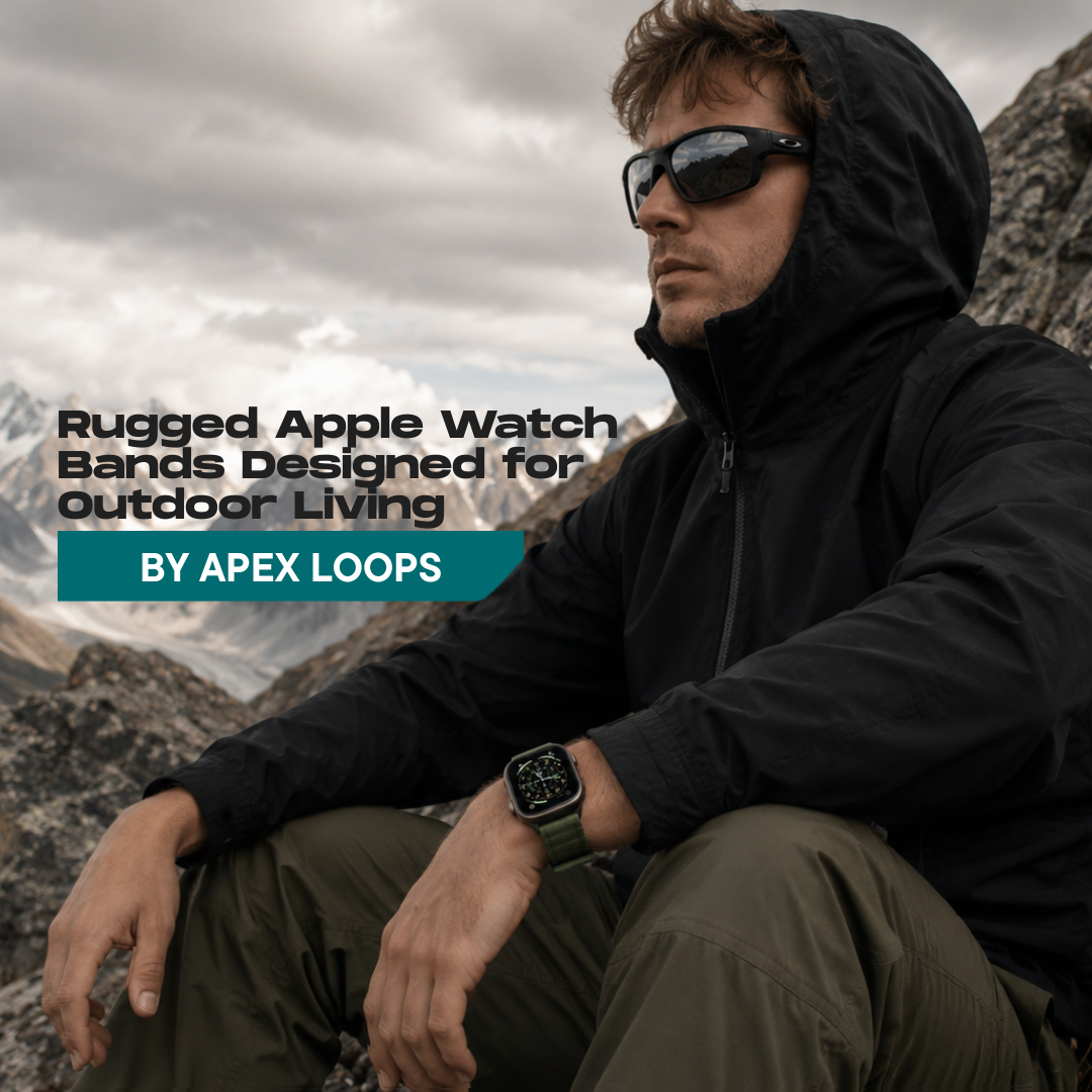 Apple Watch Ultra with rugged green band worn outdoors in a mountain setting