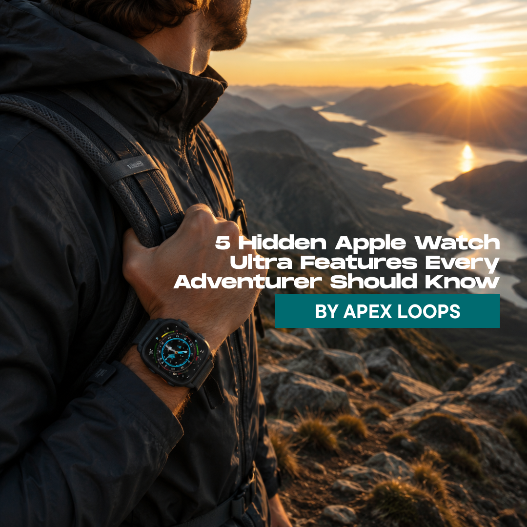 Hiker wearing Apple Watch Ultra overlooking mountain landscape at sunset for hidden Apple Watch Ultra features guide