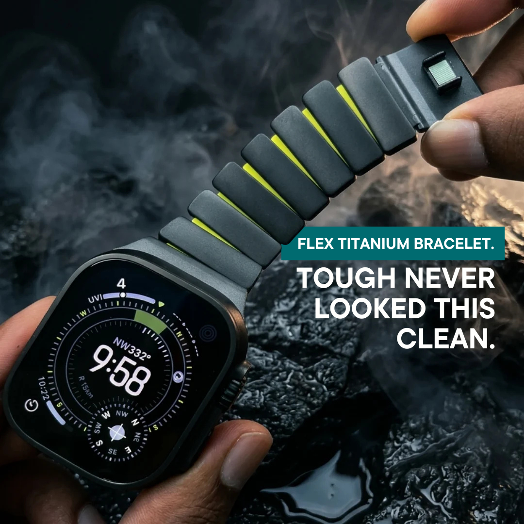 Rugged titanium Apple Watch bracelet with flexible metal link design