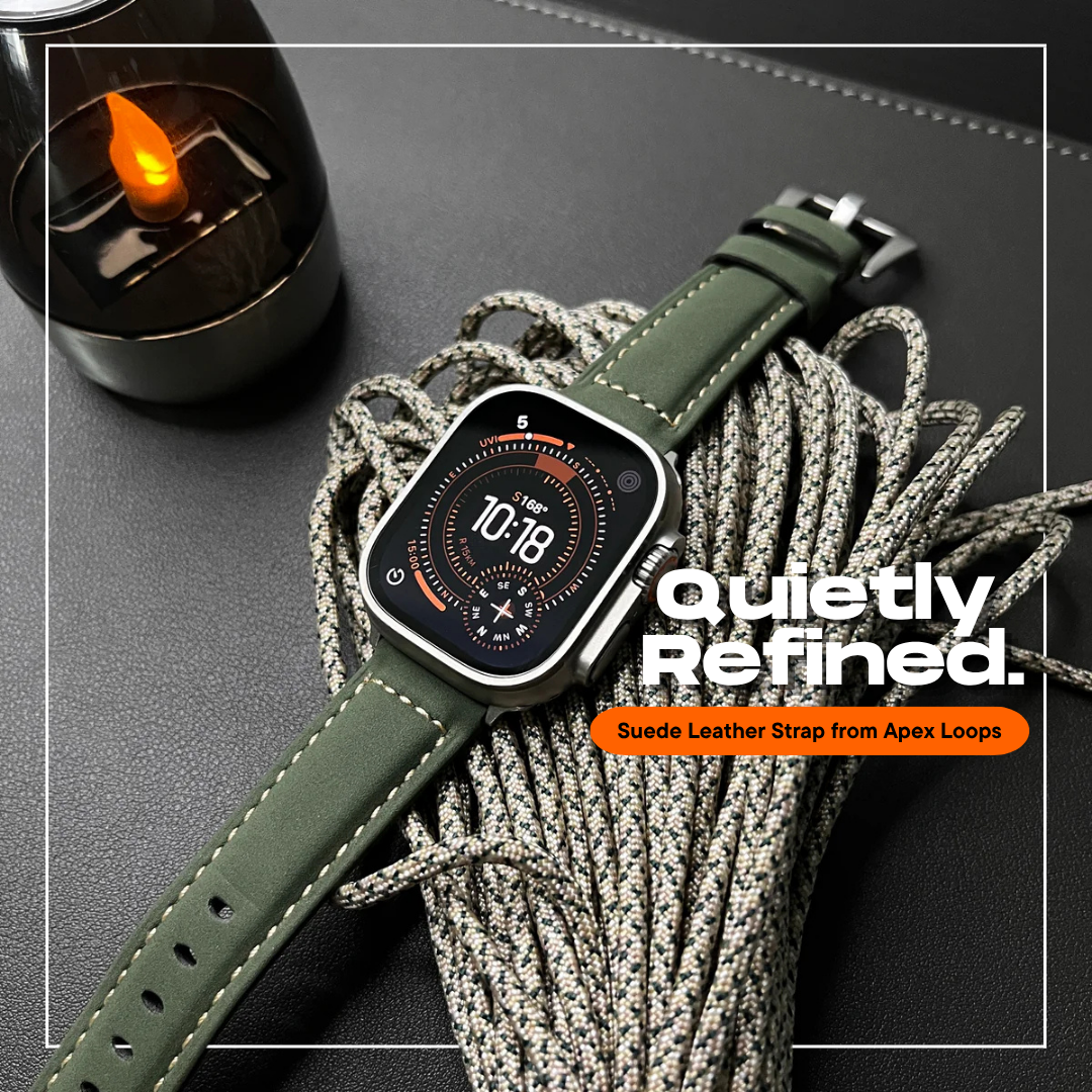 Green suede leather Apple Watch strap with rugged vintage-style design