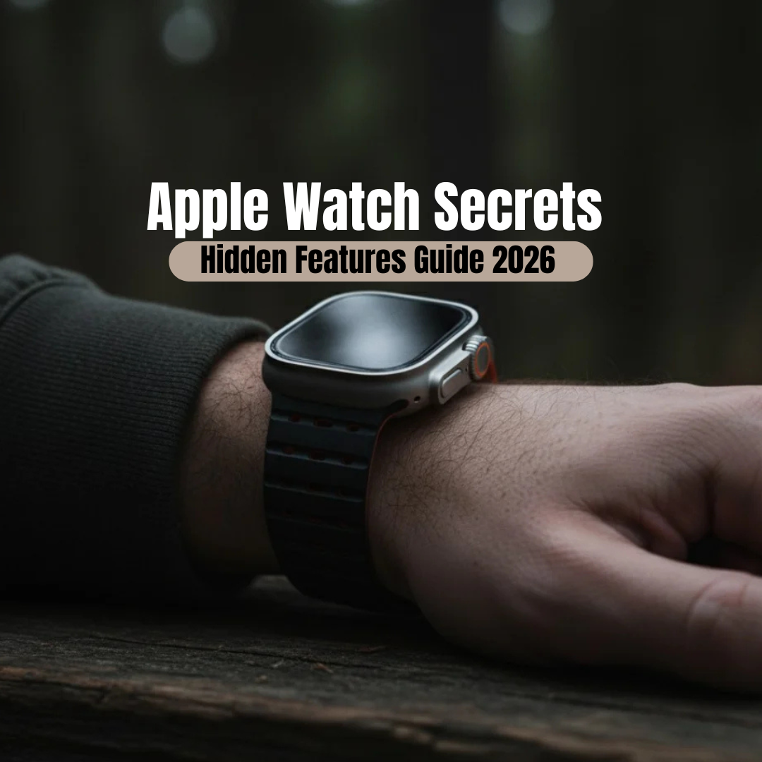 Apple Watch with black link band promoting hidden Apple Watch features guide
