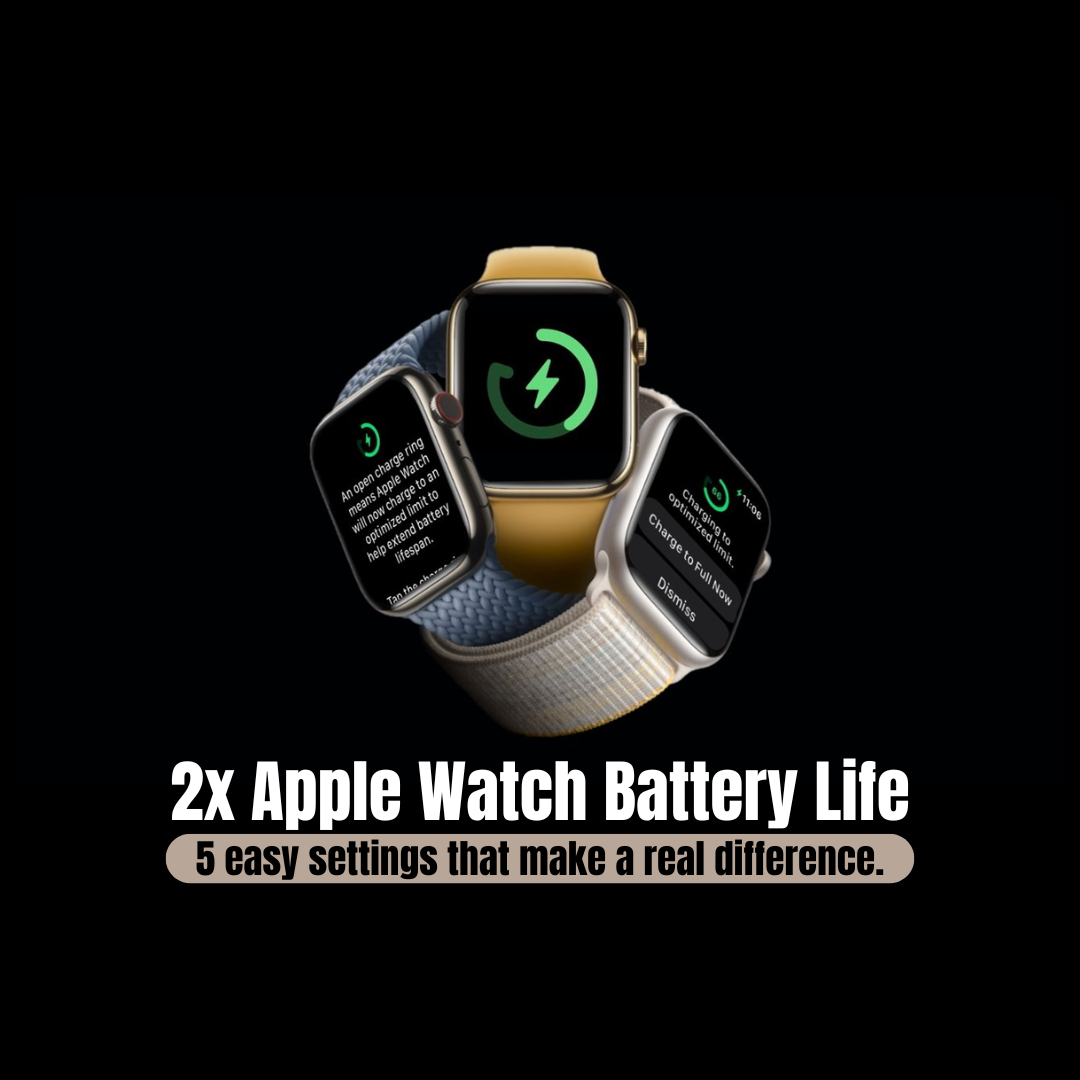 Apple Watch battery life improvement guide with three Apple Watch displays