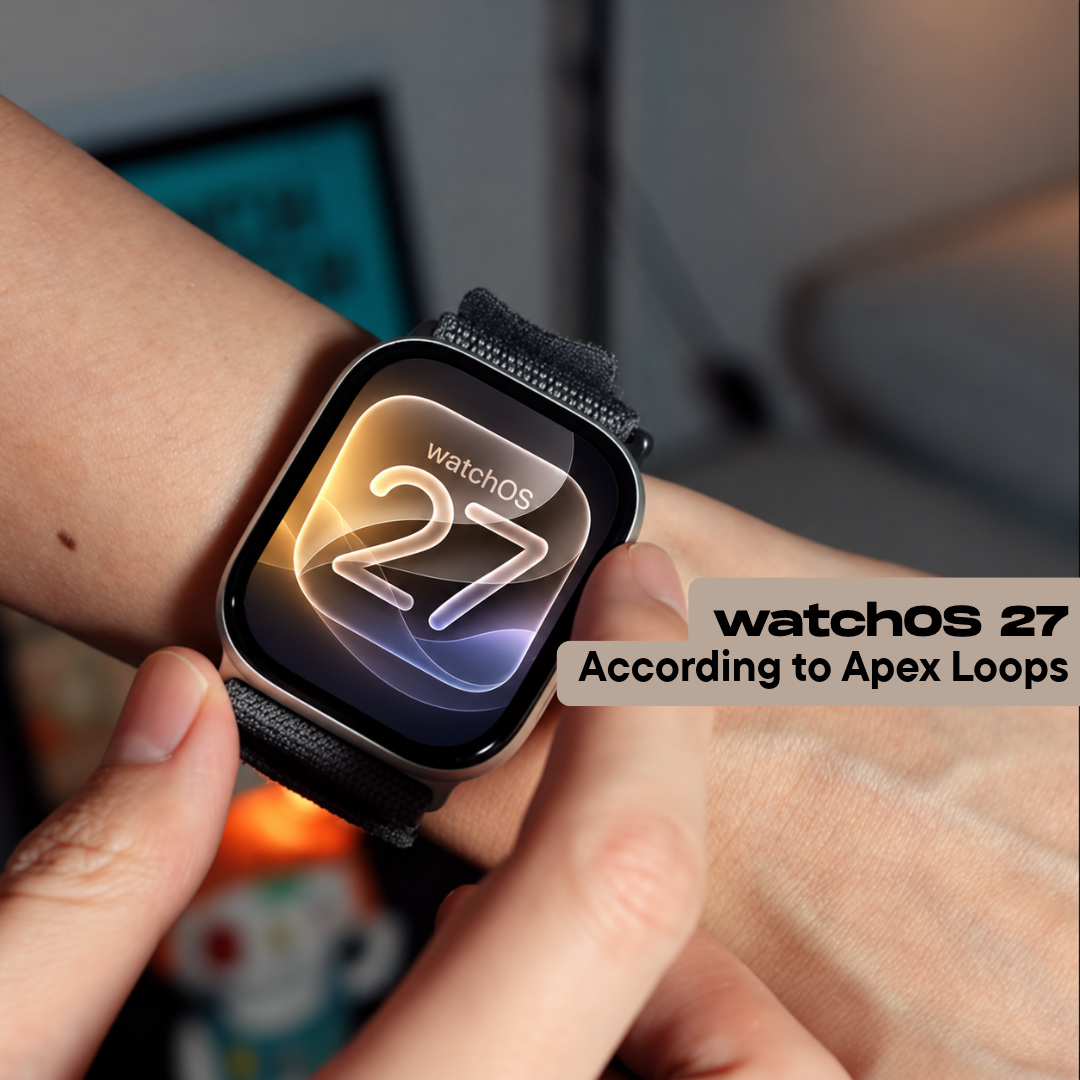 Close-up of a person touching a black smartwatch with a woven strap, displaying a translucent “27” watch face with elegant amber, white, and purple gradients and the text “watchOS,” against a softly blurred indoor background.
